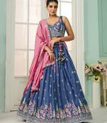 Blue- Silk Fabric Sequins embroidery Semi-Stitched Lehenga & Unstitched Blouse With Dupatta