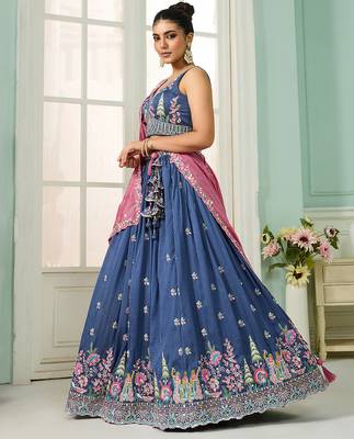 Blue- Silk Fabric Sequins embroidery Semi-Stitched Lehenga & Unstitched Blouse With Dupatta 2