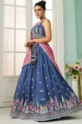 Blue- Silk Fabric Sequins embroidery Semi-Stitched Lehenga & Unstitched Blouse With Dupatta