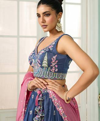 Blue- Silk Fabric Sequins embroidery Semi-Stitched Lehenga & Unstitched Blouse With Dupatta 3