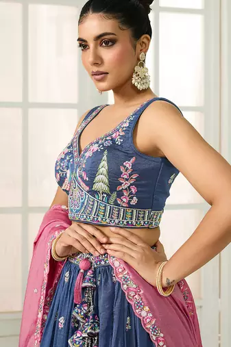 Blue- Silk Fabric Sequins embroidery Semi-Stitched Lehenga & Unstitched Blouse With Dupatta