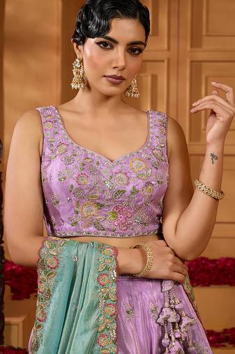 Lavender- Satin Silk Fabric Sequins embroidery Semi-Stitched Lehenga & Unstitched Blouse With Dupatta