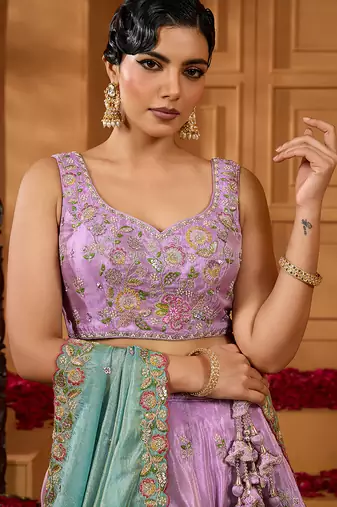 Lavender- Satin Silk Fabric Sequins embroidery Semi-Stitched Lehenga & Unstitched Blouse With Dupatta