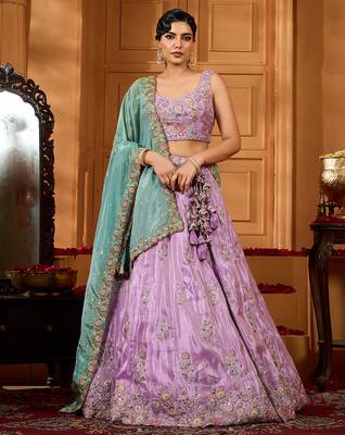 Lavender- Satin Silk Fabric Sequins embroidery Semi-Stitched Lehenga & Unstitched Blouse With Dupatta 1