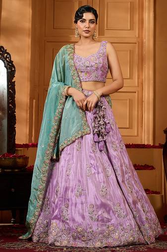 Lavender- Satin Silk Fabric Sequins embroidery Semi-Stitched Lehenga & Unstitched Blouse With Dupatta