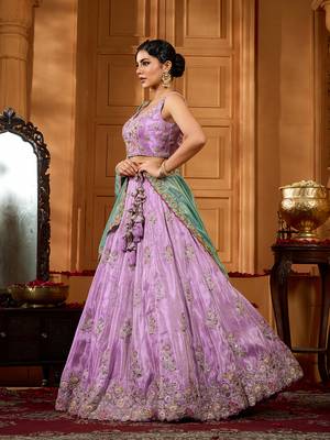 Lavender- Satin Silk Fabric Sequins embroidery Semi-Stitched Lehenga & Unstitched Blouse With Dupatta 3