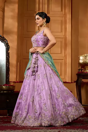 Lavender- Satin Silk Fabric Sequins embroidery Semi-Stitched Lehenga & Unstitched Blouse With Dupatta