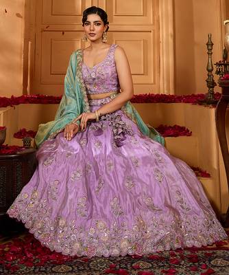 Lavender- Satin Silk Fabric Sequins embroidery Semi-Stitched Lehenga & Unstitched Blouse With Dupatta 4