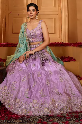 Lavender- Satin Silk Fabric Sequins embroidery Semi-Stitched Lehenga & Unstitched Blouse With Dupatta
