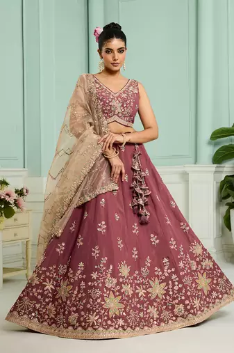 Rosegold- Georgette Fabric Sequins embroidery Semi-Stitched Lehenga & Unstitched Blouse With Dupatta