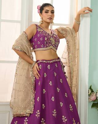 Burgundy- Georgette Fabric Sequins embroidery Semi-Stitched Lehenga & Unstitched Blouse With Dupatta 4