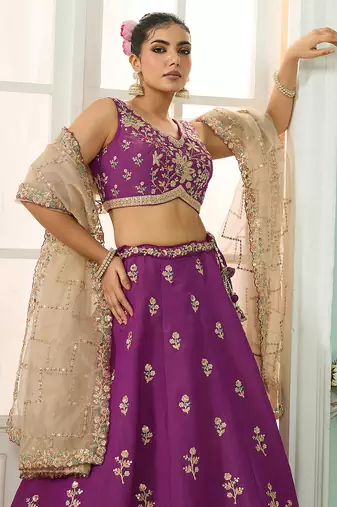 Burgundy- Georgette Fabric Sequins embroidery Semi-Stitched Lehenga & Unstitched Blouse With Dupatta