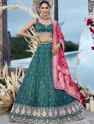 Green- Cosmos Silk Fabric Beads & Sequince Embroidered Semi-Stitched Lehenga Unstitched Blouse & Dupatta 1