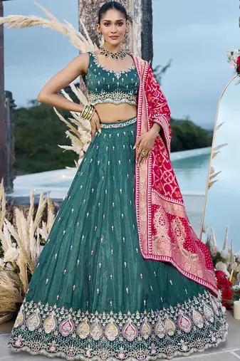 Green- Cosmos Silk Fabric Beads & Sequince Embroidered Semi-Stitched Lehenga Unstitched Blouse & Dupatta