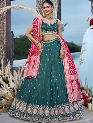 Green- Cosmos Silk Fabric Beads & Sequince Embroidered Semi-Stitched Lehenga Unstitched Blouse & Dupatta 3