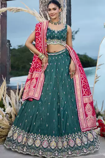 Green- Cosmos Silk Fabric Beads & Sequince Embroidered Semi-Stitched Lehenga Unstitched Blouse & Dupatta