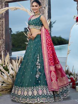 Green- Cosmos Silk Fabric Beads & Sequince Embroidered Semi-Stitched Lehenga Unstitched Blouse & Dupatta 4