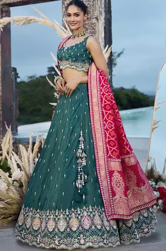 Green- Cosmos Silk Fabric Beads & Sequince Embroidered Semi-Stitched Lehenga Unstitched Blouse & Dupatta