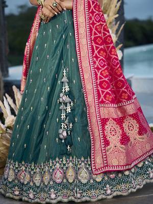 Green- Cosmos Silk Fabric Beads & Sequince Embroidered Semi-Stitched Lehenga Unstitched Blouse & Dupatta 5