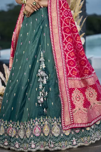 Green- Cosmos Silk Fabric Beads & Sequince Embroidered Semi-Stitched Lehenga Unstitched Blouse & Dupatta