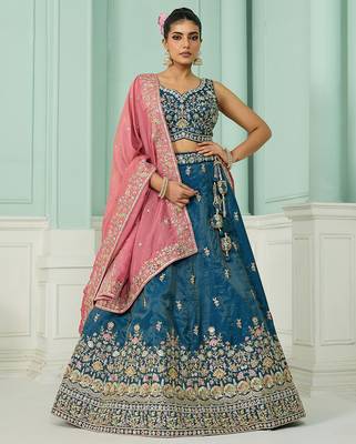 Teal- Silk Fabric Sequins embroidery Semi-Stitched Lehenga & Unstitched Blouse With Dupatta 1