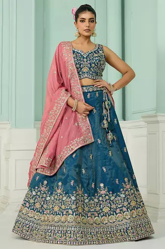 Teal- Silk Fabric Sequins embroidery Semi-Stitched Lehenga & Unstitched Blouse With Dupatta