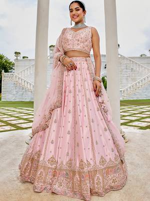 Pink- Silk Fabric Beads & Sequince Embroidered Semi-Stitched Lehenga & Unstitched Blouse With Dupatta 1
