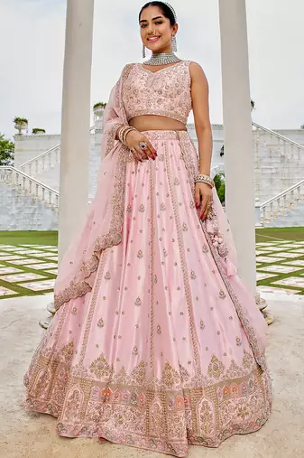 Pink- Silk Fabric Beads & Sequince Embroidered Semi-Stitched Lehenga & Unstitched Blouse With Dupatta