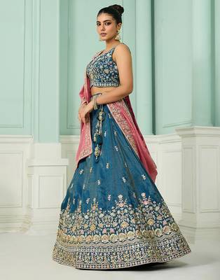 Teal- Silk Fabric Sequins embroidery Semi-Stitched Lehenga & Unstitched Blouse With Dupatta 2