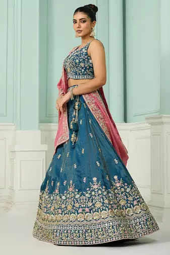 Teal- Silk Fabric Sequins embroidery Semi-Stitched Lehenga & Unstitched Blouse With Dupatta