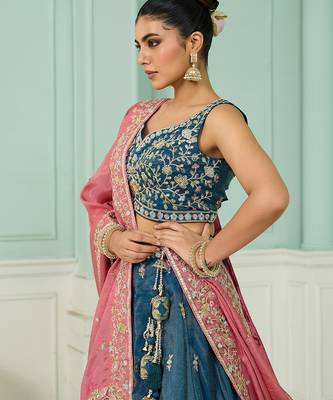 Teal- Silk Fabric Sequins embroidery Semi-Stitched Lehenga & Unstitched Blouse With Dupatta 3