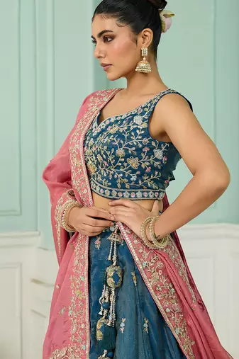 Teal- Silk Fabric Sequins embroidery Semi-Stitched Lehenga & Unstitched Blouse With Dupatta