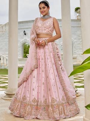 Pink- Silk Fabric Beads & Sequince Embroidered Semi-Stitched Lehenga & Unstitched Blouse With Dupatta 2
