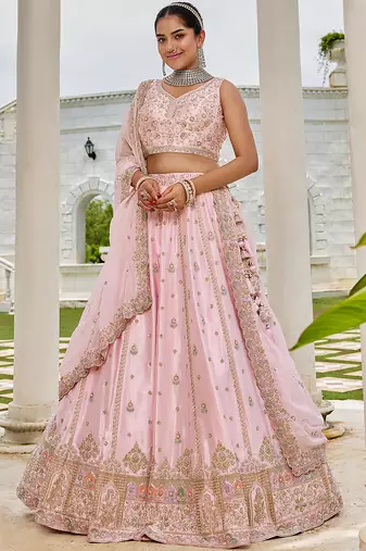 Pink- Silk Fabric Beads & Sequince Embroidered Semi-Stitched Lehenga & Unstitched Blouse With Dupatta