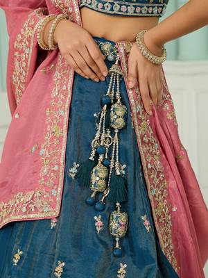 Teal- Silk Fabric Sequins embroidery Semi-Stitched Lehenga & Unstitched Blouse With Dupatta 4