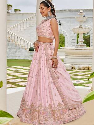 Pink- Silk Fabric Beads & Sequince Embroidered Semi-Stitched Lehenga & Unstitched Blouse With Dupatta 3
