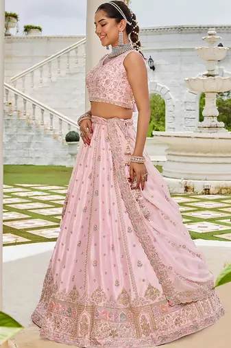 Pink- Silk Fabric Beads & Sequince Embroidered Semi-Stitched Lehenga & Unstitched Blouse With Dupatta