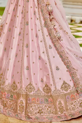 Pink- Silk Fabric Beads & Sequince Embroidered Semi-Stitched Lehenga & Unstitched Blouse With Dupatta