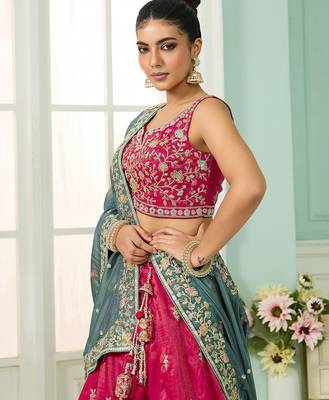 Pink- Silk Fabric Sequins embroidery Semi-Stitched Lehenga & Unstitched Blouse With Dupatta 3