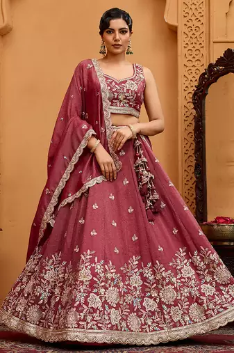 Rosegold- Tissue Fabric Sequins embroidery Semi-Stitched Lehenga & Unstitched Blouse With Dupatta