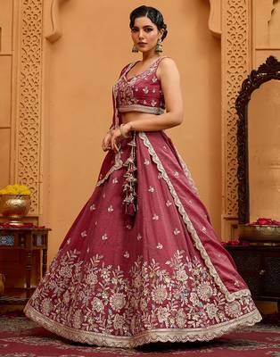 Rosegold- Tissue Fabric Sequins embroidery Semi-Stitched Lehenga & Unstitched Blouse With Dupatta 2