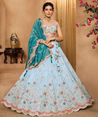 Turquoiseblue- Tissue Fabric Sequins embroidery Semi-Stitched Lehenga & Unstitched Blouse With Dupatta 1