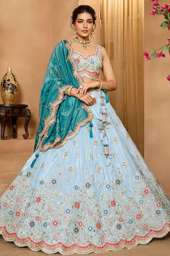 Turquoiseblue- Tissue Fabric Sequins embroidery Semi-Stitched Lehenga & Unstitched Blouse With Dupatta
