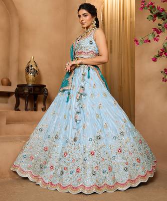 Turquoiseblue- Tissue Fabric Sequins embroidery Semi-Stitched Lehenga & Unstitched Blouse With Dupatta 2