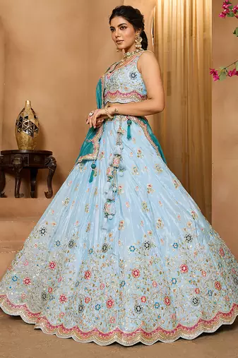 Turquoiseblue- Tissue Fabric Sequins embroidery Semi-Stitched Lehenga & Unstitched Blouse With Dupatta