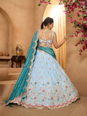 Turquoiseblue- Tissue Fabric Sequins embroidery Semi-Stitched Lehenga & Unstitched Blouse With Dupatta 3