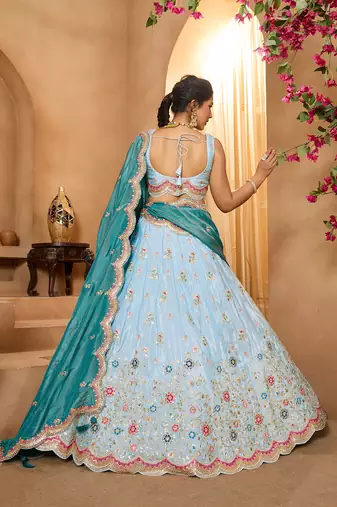 Turquoiseblue- Tissue Fabric Sequins embroidery Semi-Stitched Lehenga & Unstitched Blouse With Dupatta