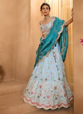 Turquoiseblue- Tissue Fabric Sequins embroidery Semi-Stitched Lehenga & Unstitched Blouse With Dupatta 4