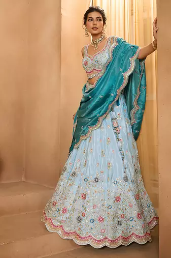 Turquoiseblue- Tissue Fabric Sequins embroidery Semi-Stitched Lehenga & Unstitched Blouse With Dupatta