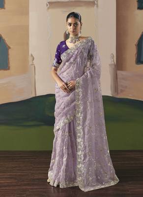 Lavender tissue silk sequince & resham work heavy designer saree 1